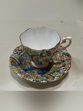 Vibrant Paisley Porcelain Teacup & Saucer with Gold Trim